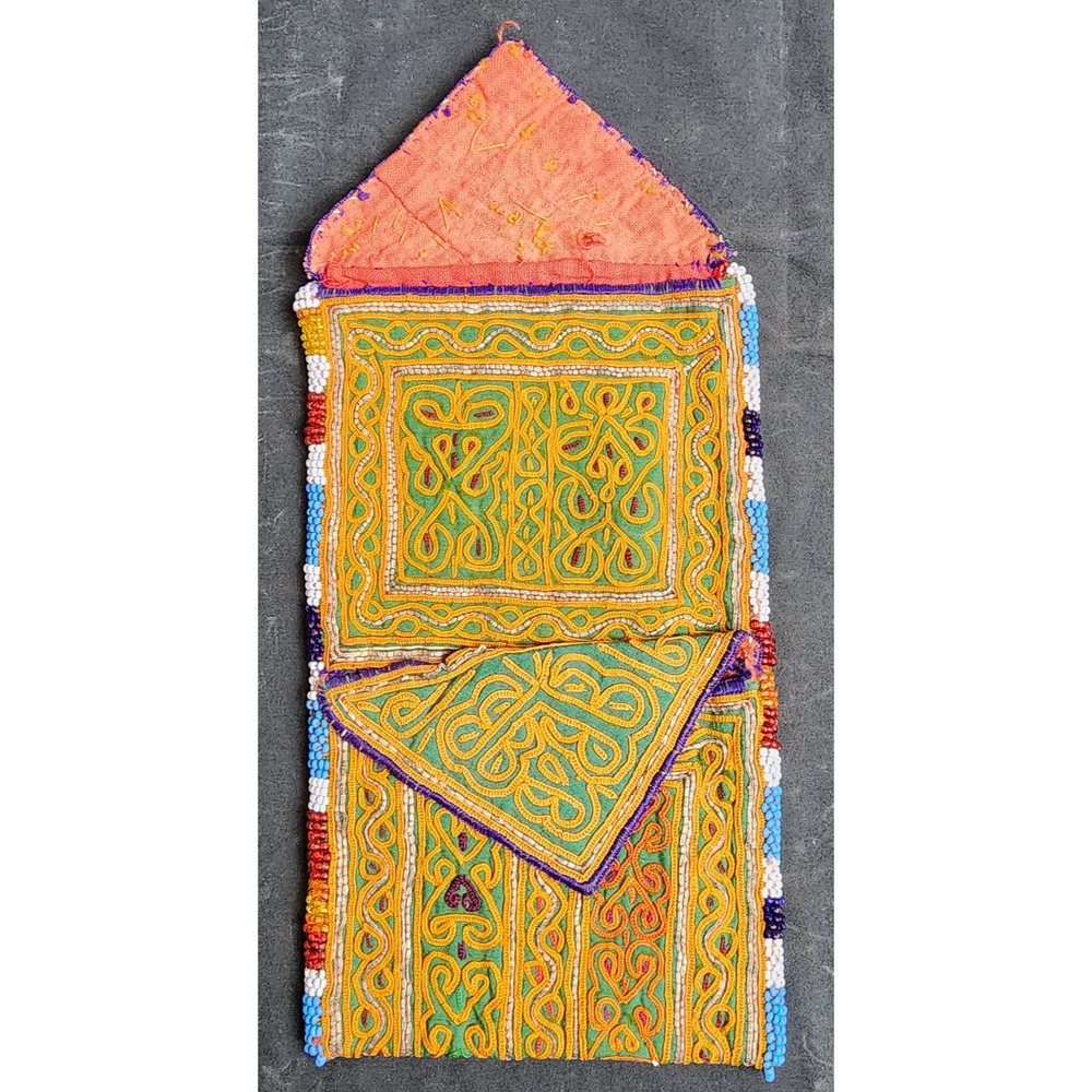 Kuchi Embroidered Pouch Wallet Afghan Handmade Beaded Yellow Green